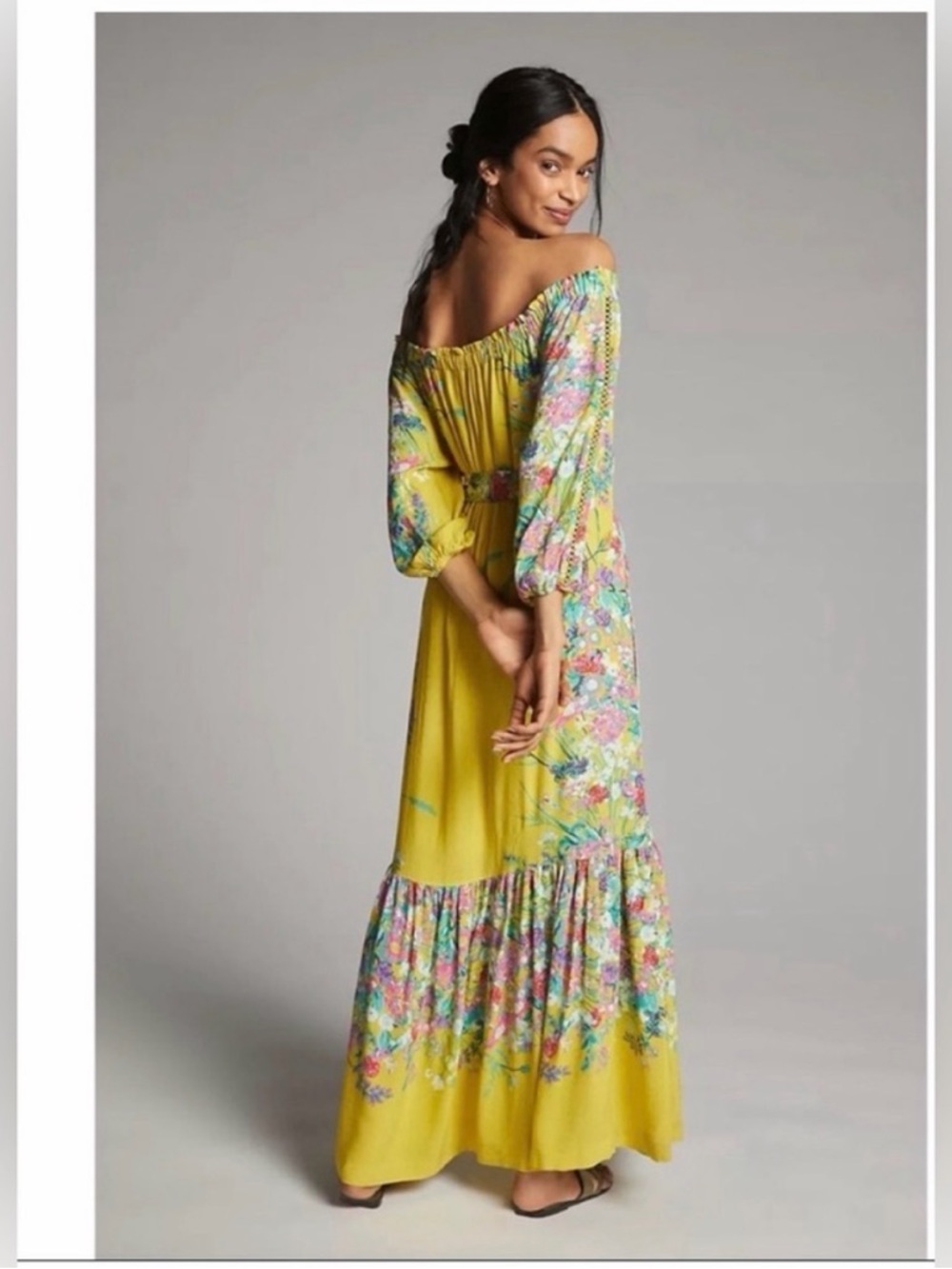 Anthropologie Yellow Floral Off-Shoulder Tie-Waist Maxi Dress - Picture 3 of 4